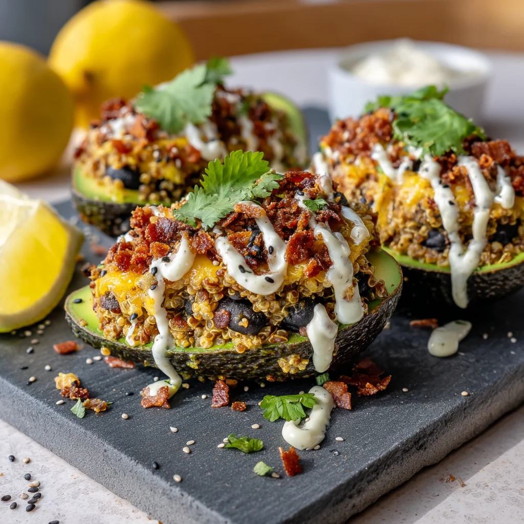 high protein stuffed avocado with creamy filling, golden edges, and fresh herbs sprinkled on top