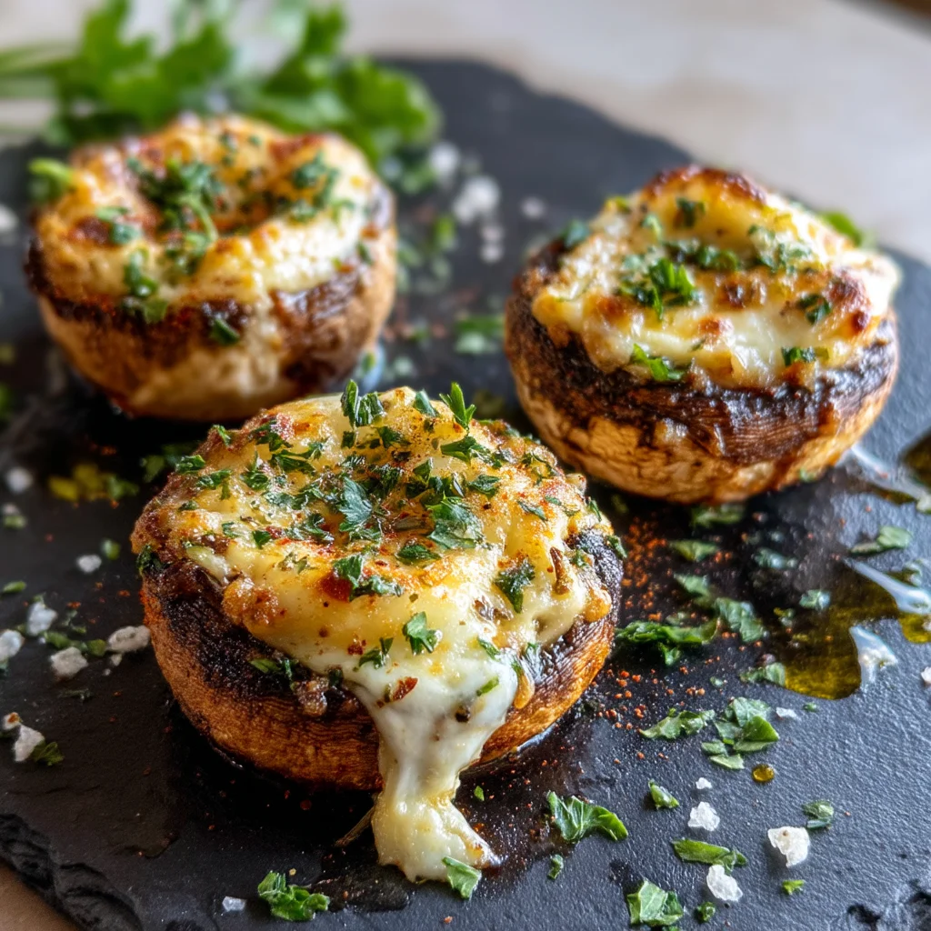 golden roasted high protein stuffed mushrooms with creamy sauce and fresh herbs in a white ceramic dish