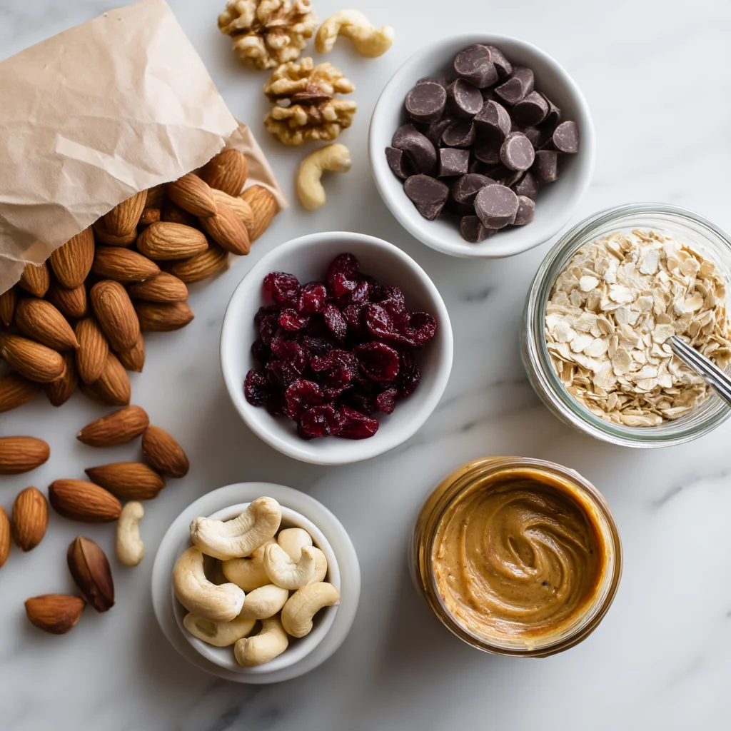 A close-up shot of raw ingredients for High Protein Trail Mix Bites, including oats, nuts, seeds, and dried fruit, ready to m
