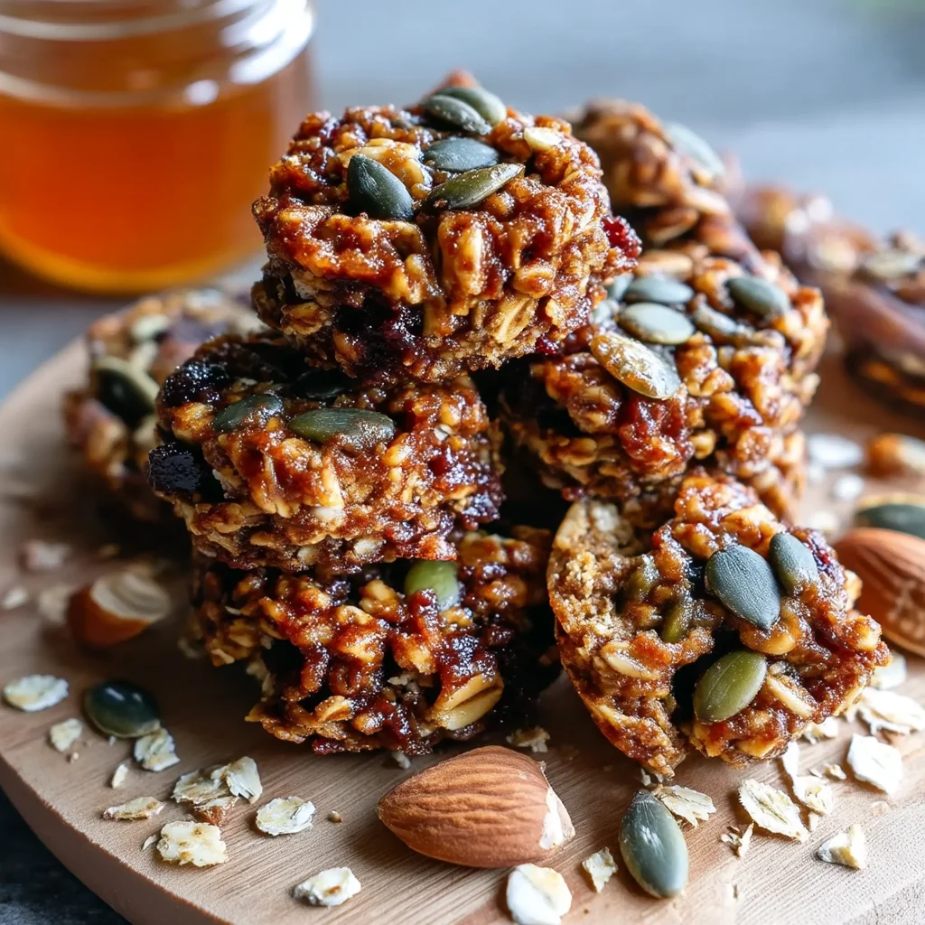 Golden high protein trail mix bites with visible oats, nuts, and chocolate chunks clustered together on a white plate