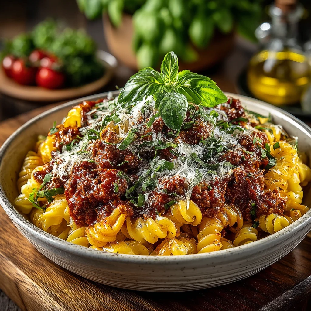 steaming bowl of high protein turkey bolognese with rich tomato sauce clinging to al dente pasta