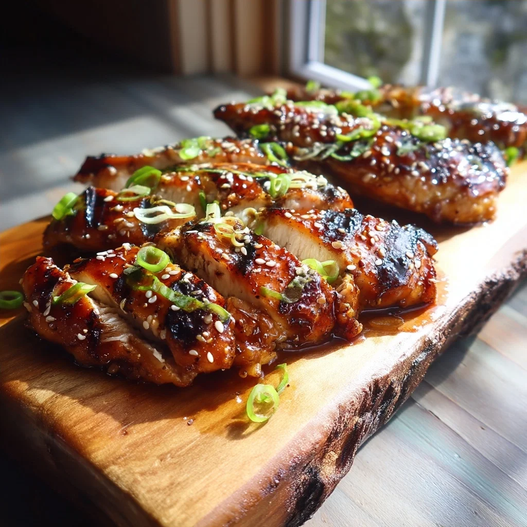 juicy honey garlic grilled chicken with glossy caramelized glaze and fresh herbs in a white ceramic dish