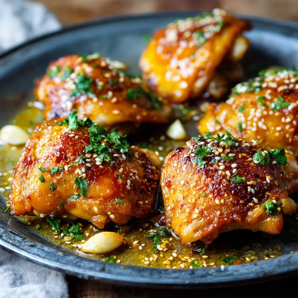 honey garlic sheet pan chicken thighs coated in glossy sauce with roasted potatoes and fresh herbs