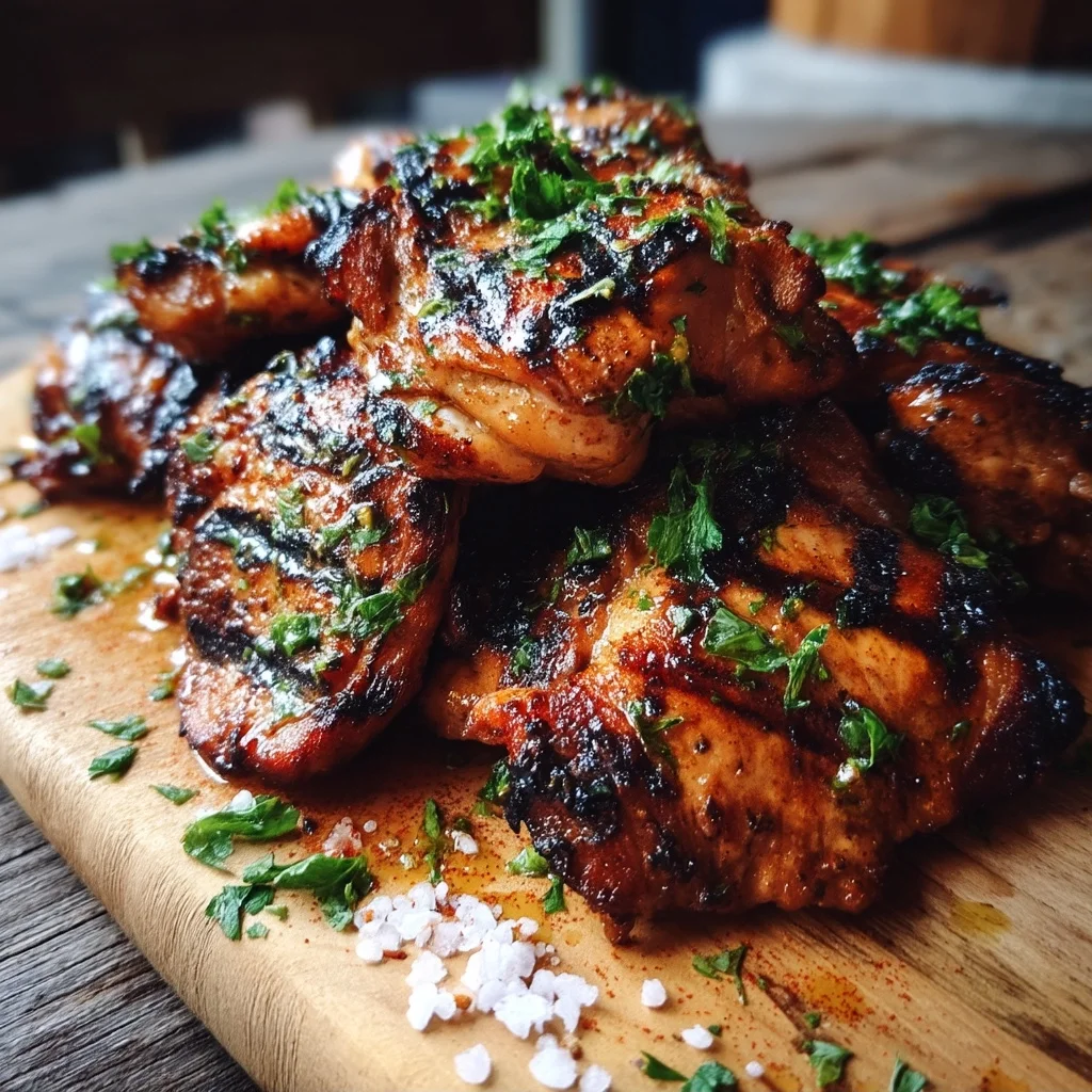 juicy grilled chicken thighs with golden crispy skin and glossy herb butter glaze, served with roasted potatoes