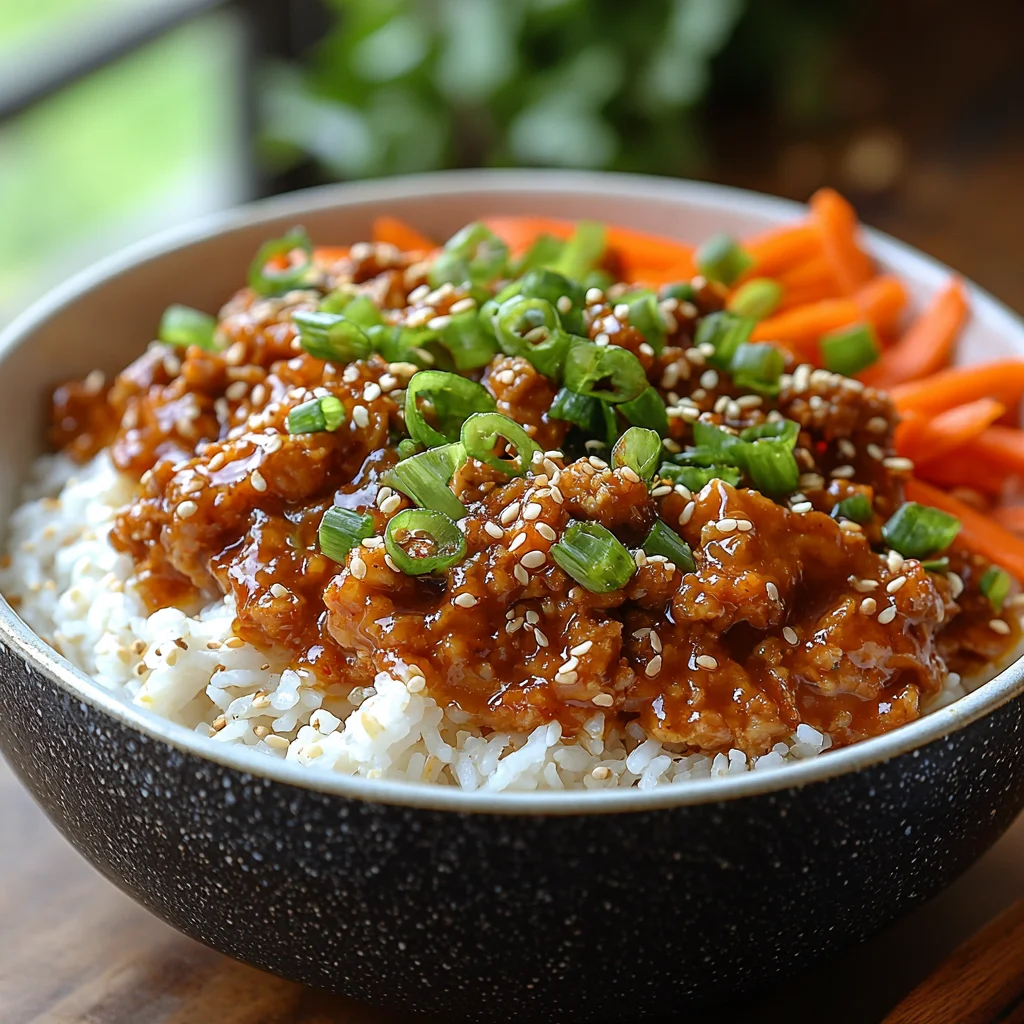 Korean ground turkey rice bowl with glossy sauce, sesame seeds, and fresh scallions in white ceramic bowl