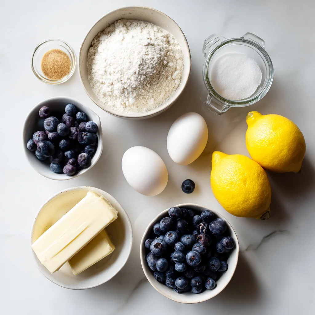 Fresh lemon zest and plump blueberries ready for baking fluffy lemon blueberry muffins
