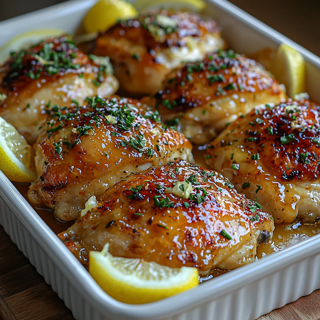 Juicy lemon garlic baked chicken thighs with golden roasted edges, coated in a creamy sauce, served with roasted potatoes and