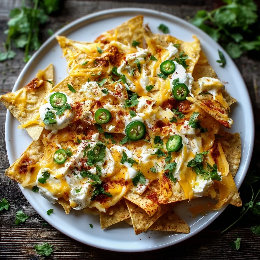 Loaded cottage cheese nachos in a white ceramic dish with creamy sauce, golden edges, and fresh herbs