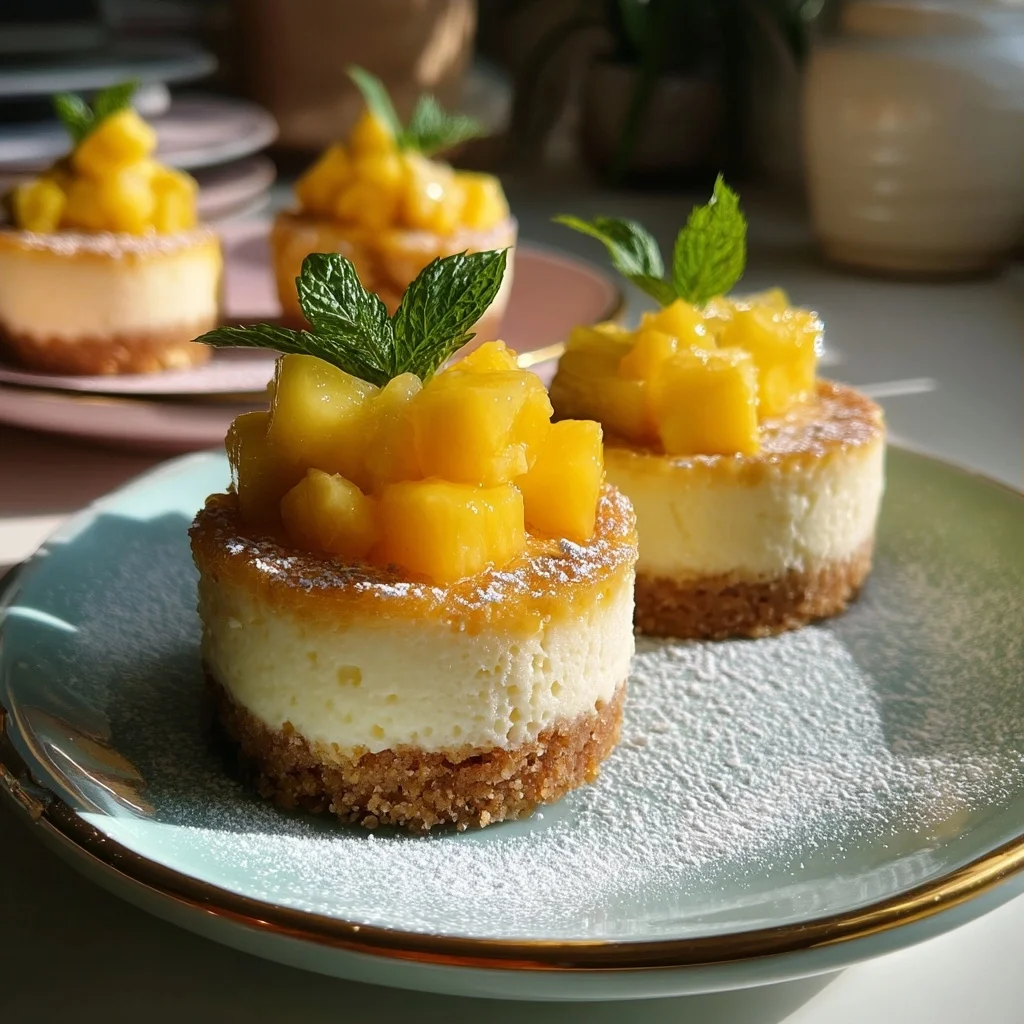 creamy mango cottage cheese cheesecake cups in white ceramic ramekins, topped with fresh mango slices and a glossy mango glaz