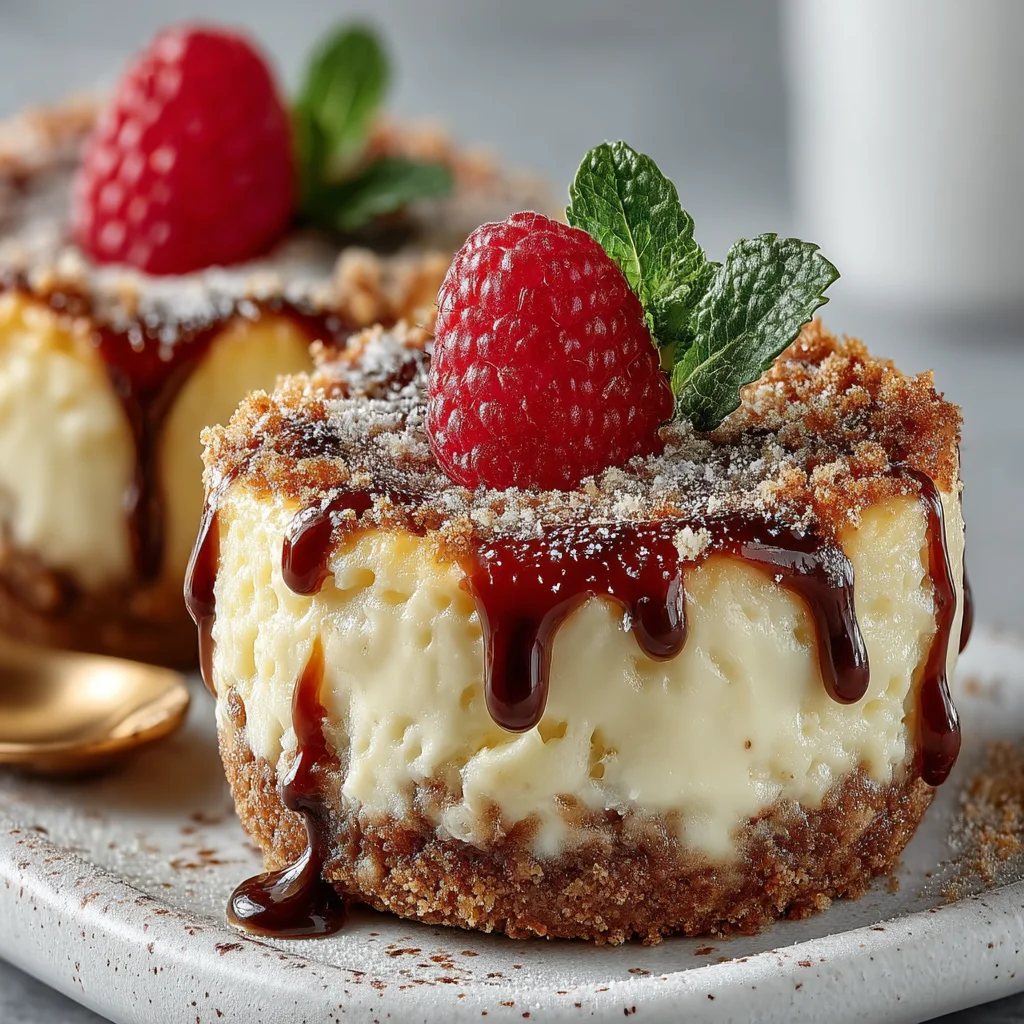 mini protein cheesecake bites with creamy glossy topping, golden edges, and fresh herbs on a white ceramic plate