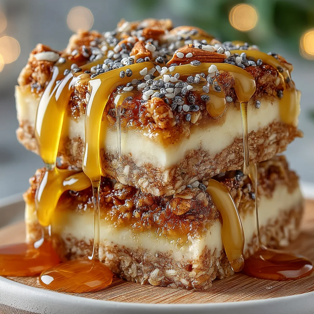golden no-bake oat honey protein bars with visible oats and honey drizzle on rustic wooden board