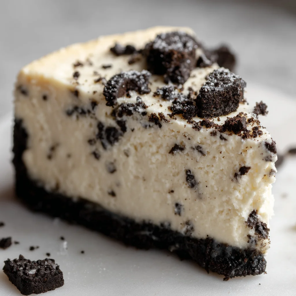 Decadent Oreo style protein cheesecake with crumbly cookie crust and creamy filling topped with chocolate drizzle