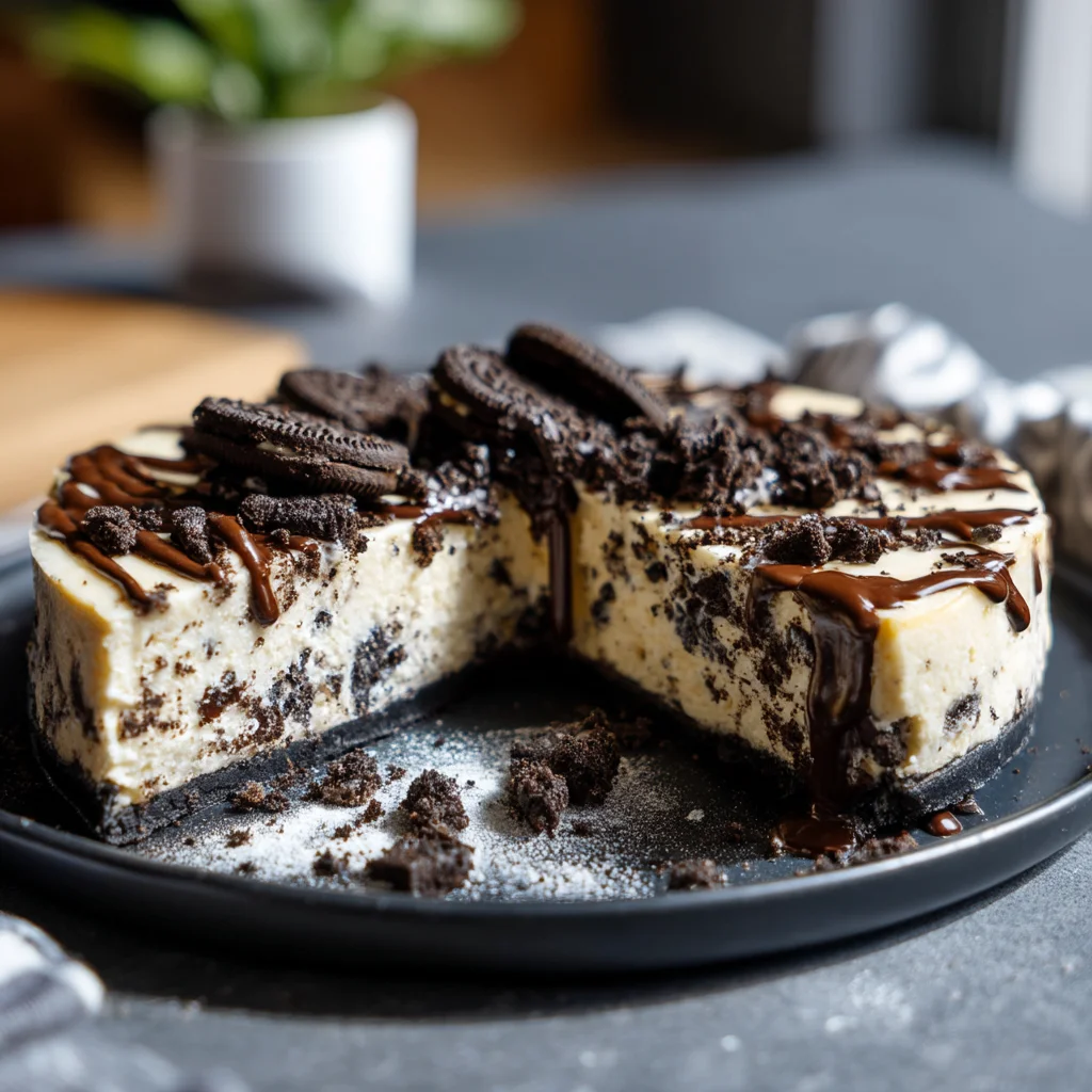 creamy Oreo protein cheesecake with crushed cookie crust and chocolate drizzle on white plate