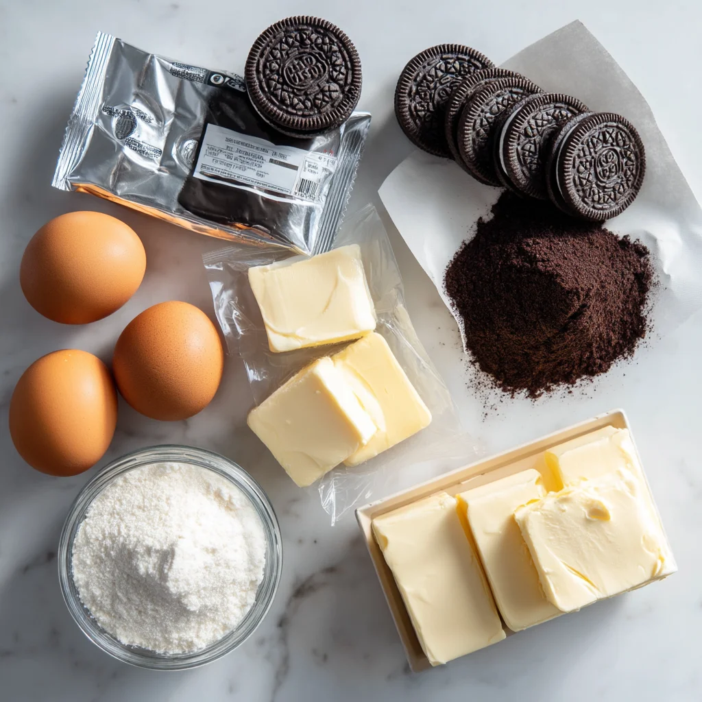 crushed Oreo cookie crust layered with creamy protein cheesecake filling in a white ceramic dish