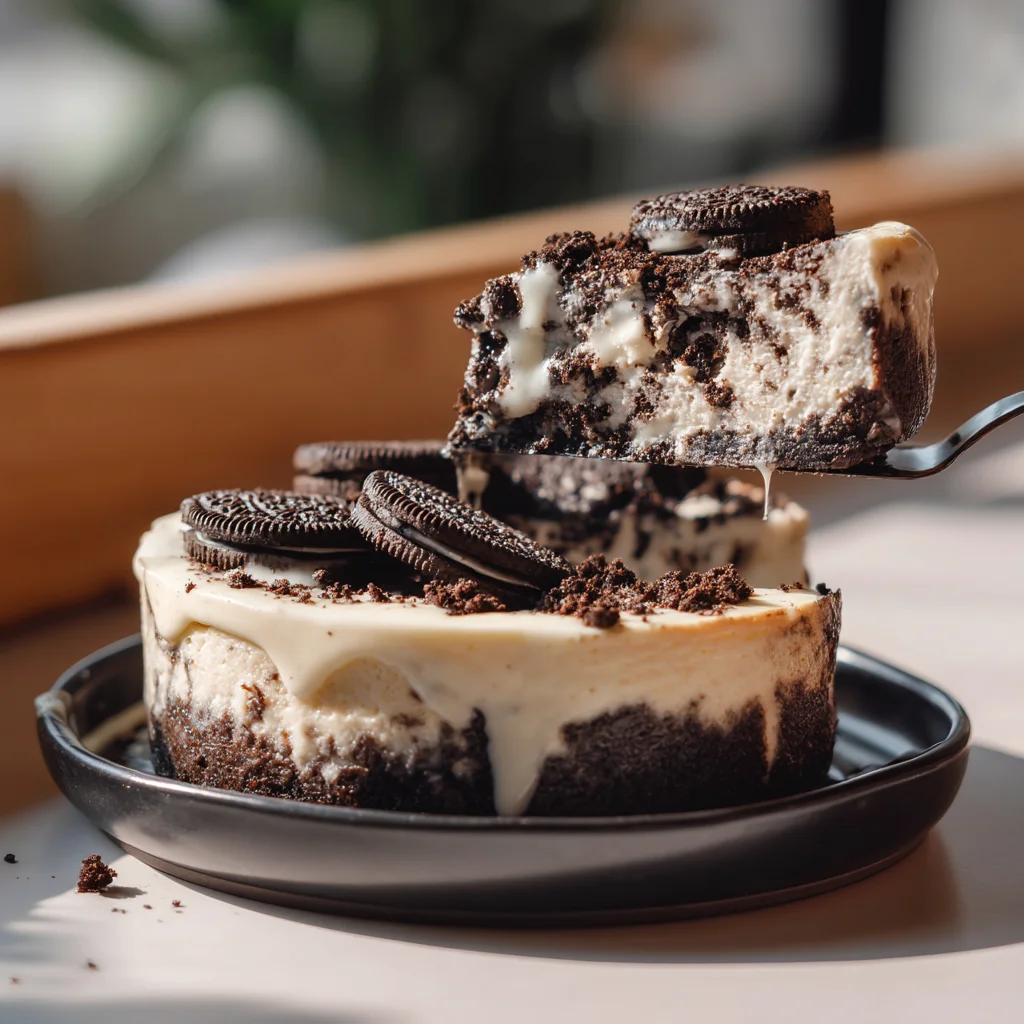 creamy Oreo style protein cheesecake with crumbly cookie base, topped with chocolate drizzle and crushed Oreos