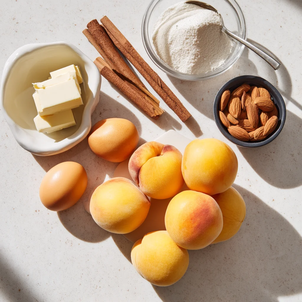 juicy peach slices layered with cinnamon-spiced oats in a golden breakfast bake