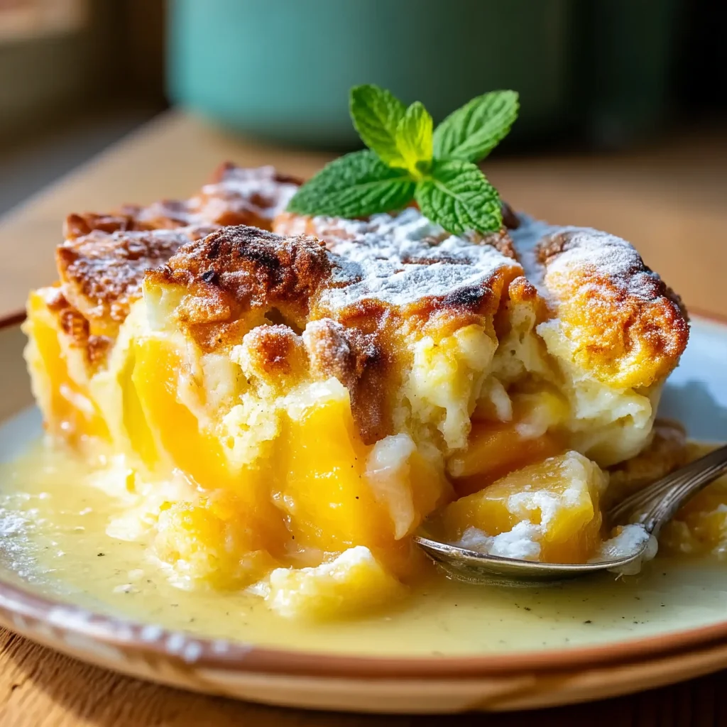 Golden peach breakfast bake with creamy glaze, fresh herbs, and golden edges in a white ceramic dish