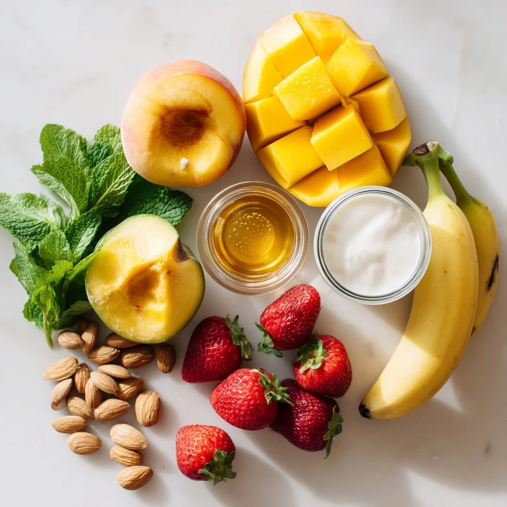 ripe peaches and fresh ingredients for a creamy peach smoothie bowl recipe