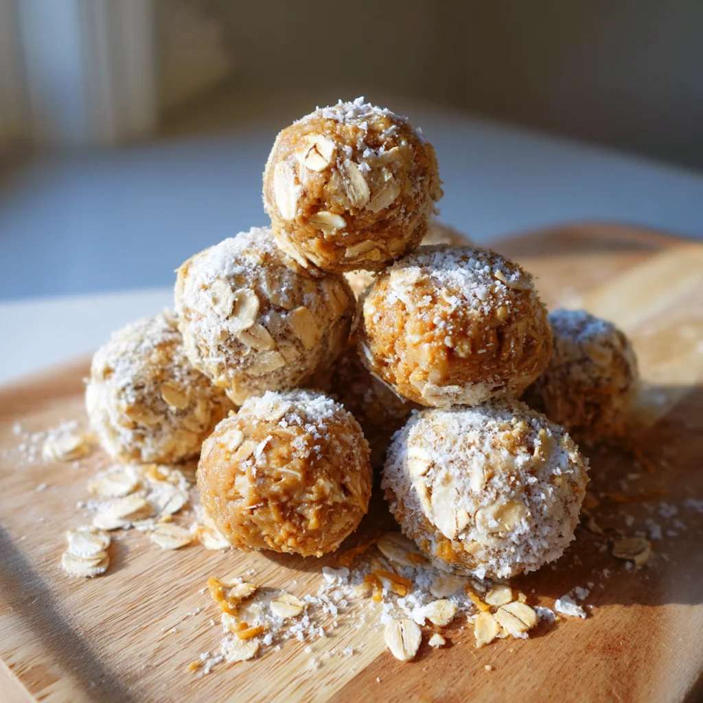 peanut butter oat energy balls with creamy peanut butter glaze and rolled oats, perfect for a quick snack