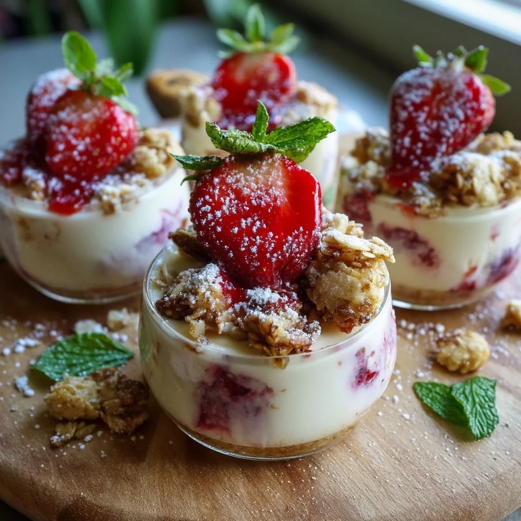 layered berry parfait cups with creamy yogurt, fresh strawberries and blueberries, and crunchy granola topping