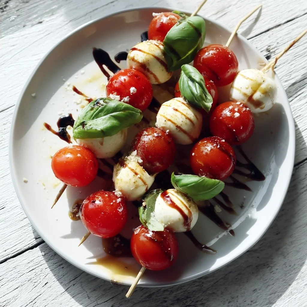 fresh caprese skewers with cherry tomatoes, mozzarella balls, and basil leaves drizzled with balsamic glaze on a white plate