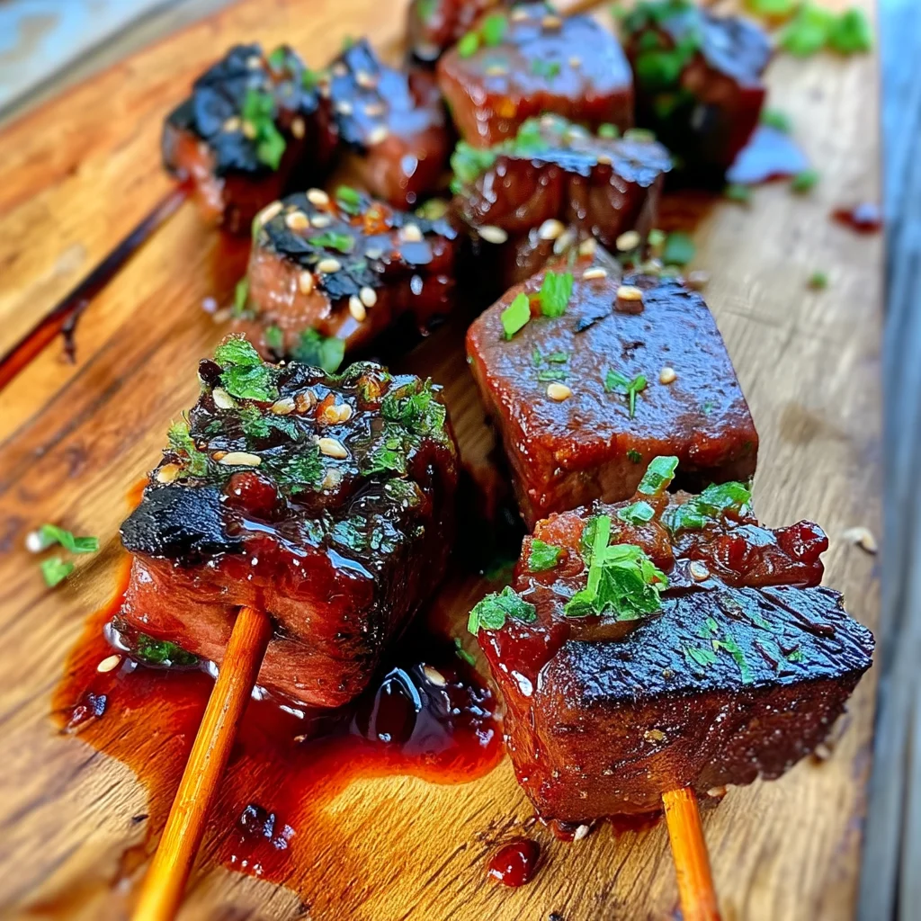 juicy grilled BBQ steak kebabs with charred edges and glossy sauce coating tender meat and vegetables