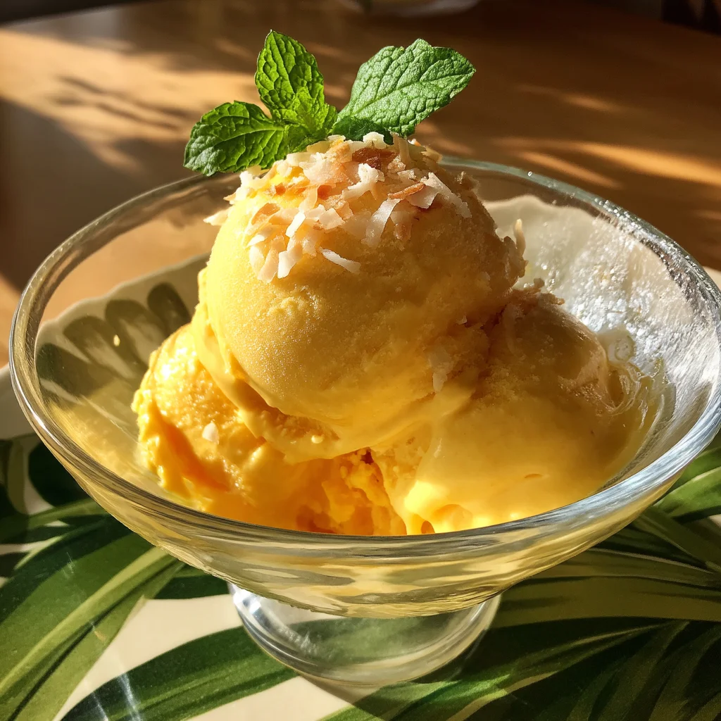 creamy homemade mango sorbet in a white bowl with golden edges and fresh mint garnish