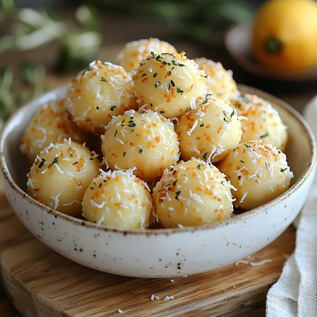 golden lemon coconut protein balls with shredded coconut coating, drizzled with creamy glaze on a white plate