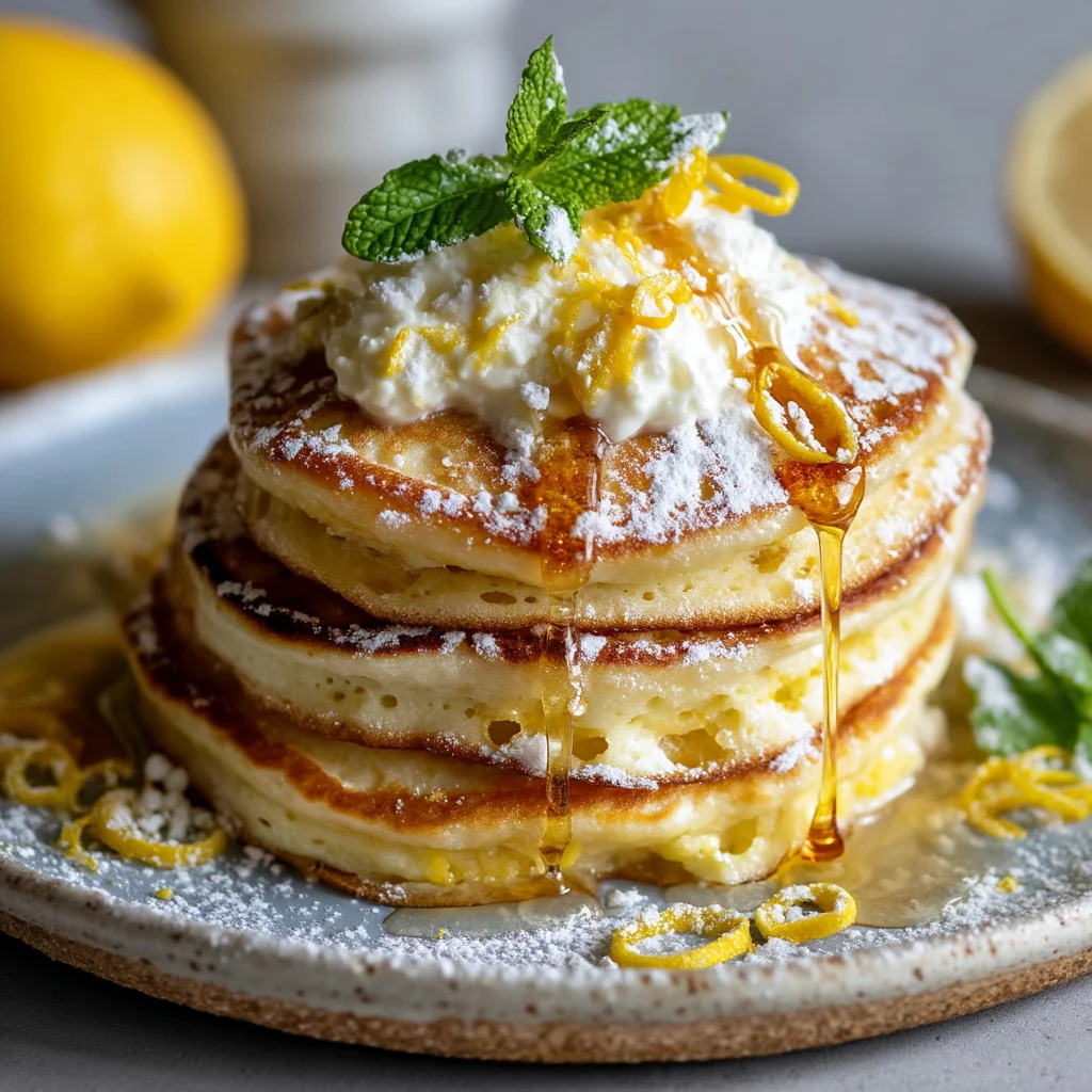 stack of fluffy lemon ricotta pancakes drizzled with syrup, fresh berries on top, and a dusting of powdered sugar