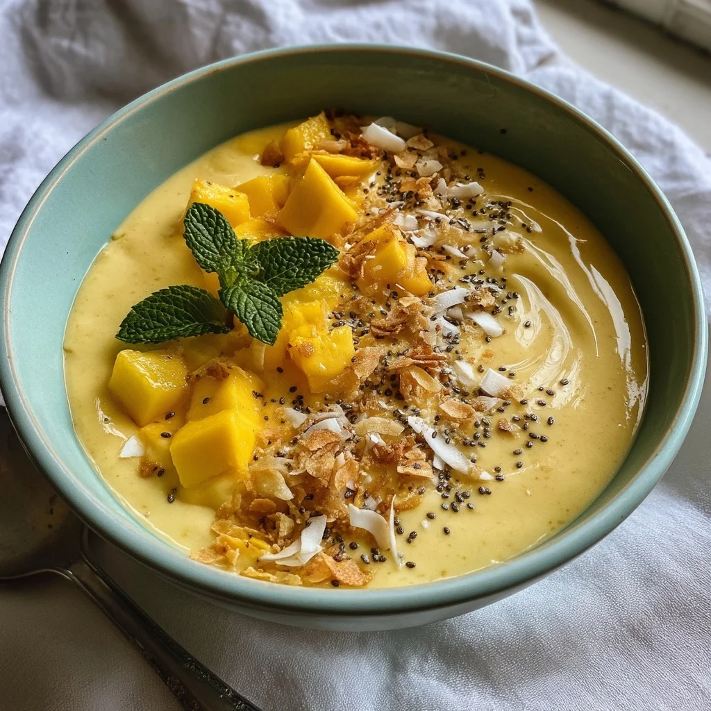 creamy mango smoothie bowl topped with fresh mango chunks, granola, and coconut flakes in a white bowl