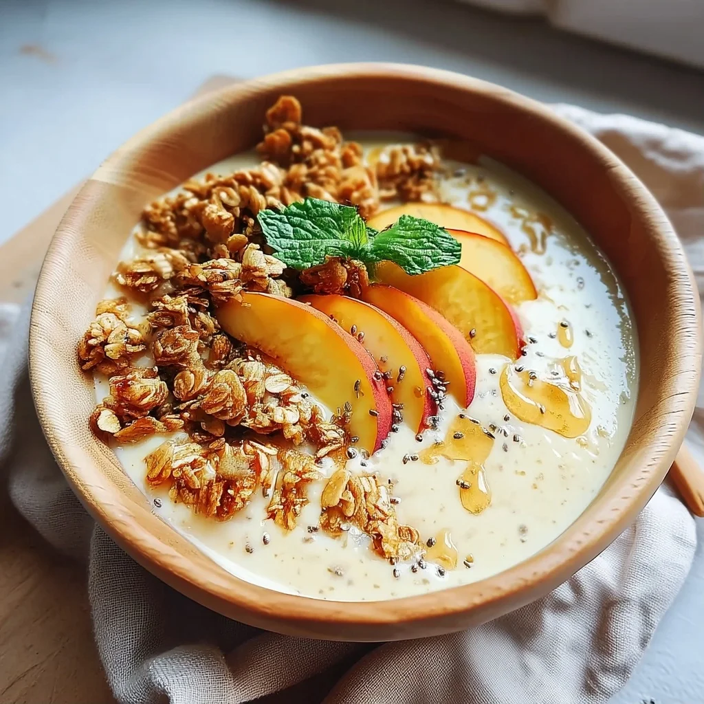 creamy peach smoothie bowl with fresh peach slices, granola clusters, and honey drizzle in a white bowl