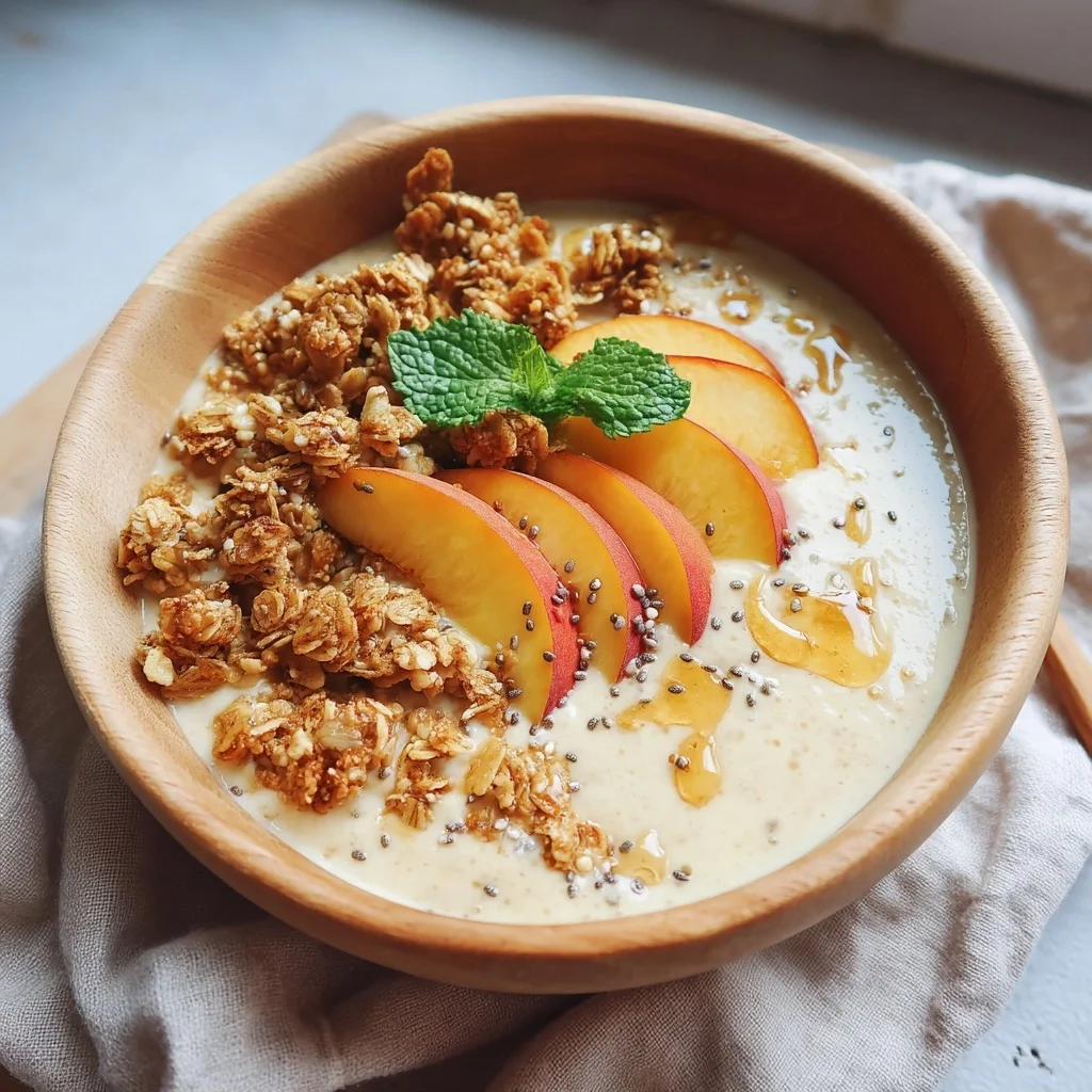 creamy peach smoothie bowl topped with fresh peach slices, granola, and chia seeds