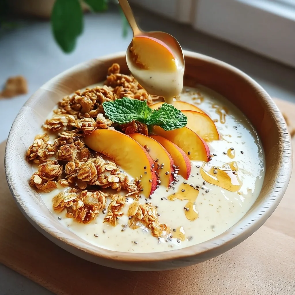 creamy peach smoothie bowl with fresh peach slices, granola, and chia seeds in a white ceramic bowl