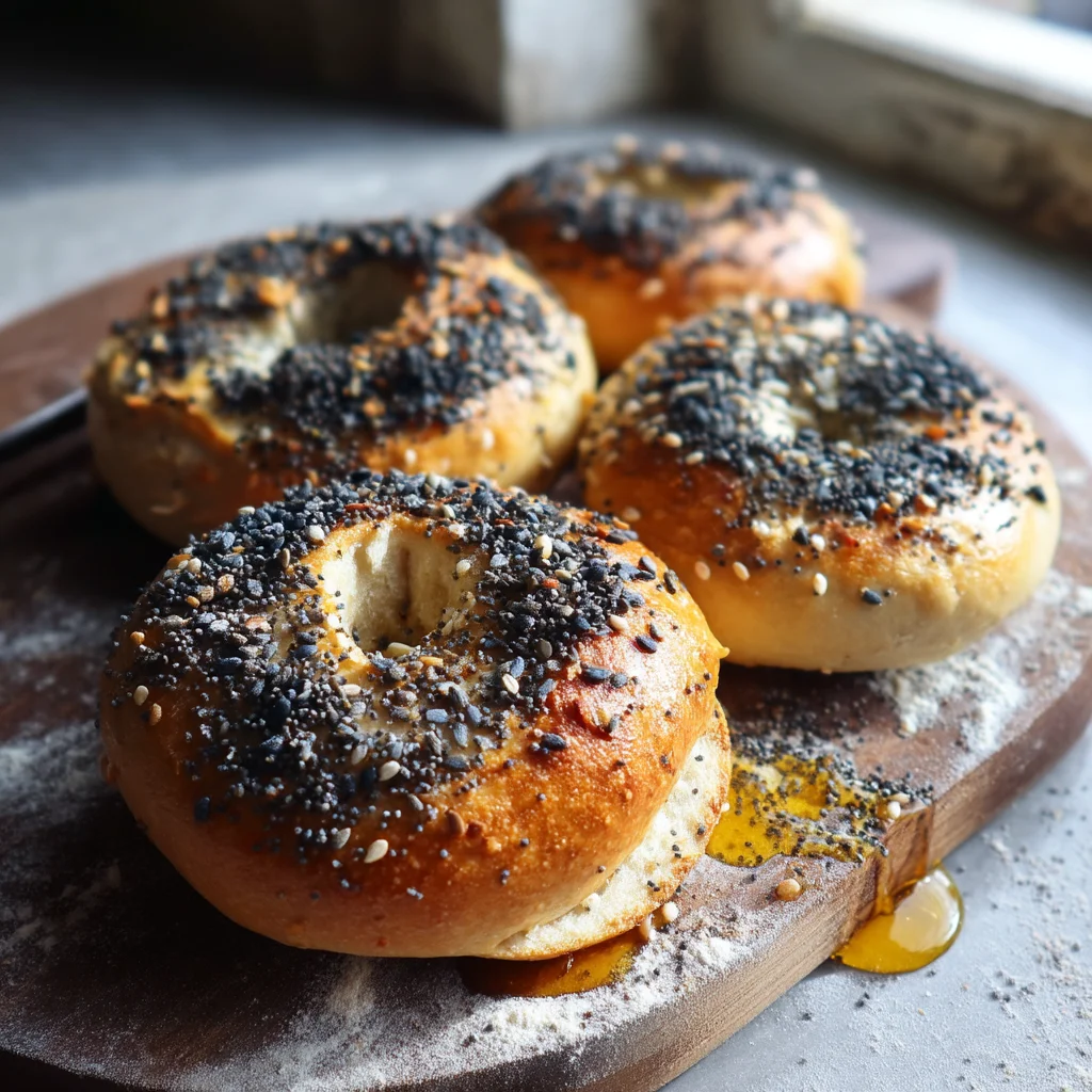 freshly baked poppy seed bagels with golden crust and visible poppy seeds, sitting on a rustic wooden board