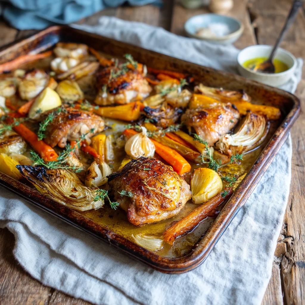 golden roasted sheet pan chicken with crispy potatoes and colorful veggies coated in glossy herb sauce