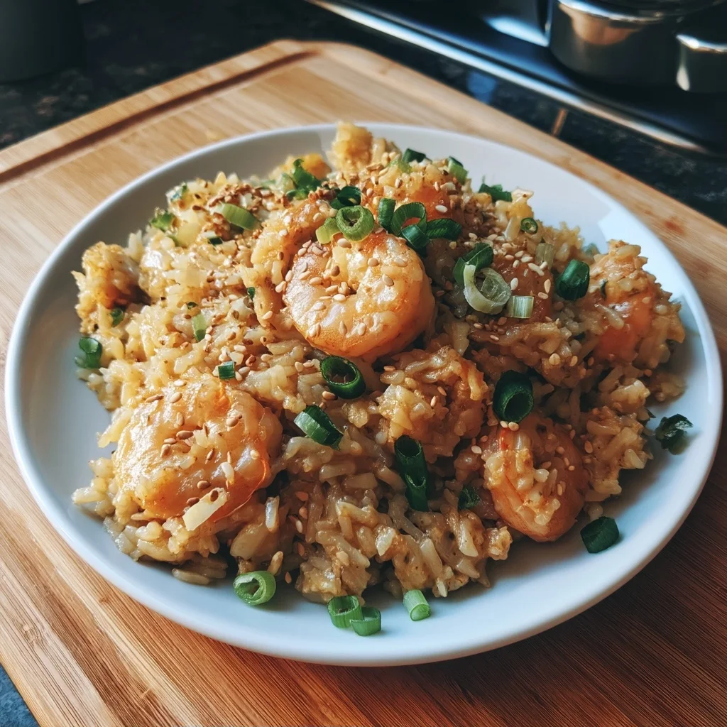golden shrimp fried rice with plump shrimp, vibrant peas and carrots, and fluffy grains coated in glossy sauce