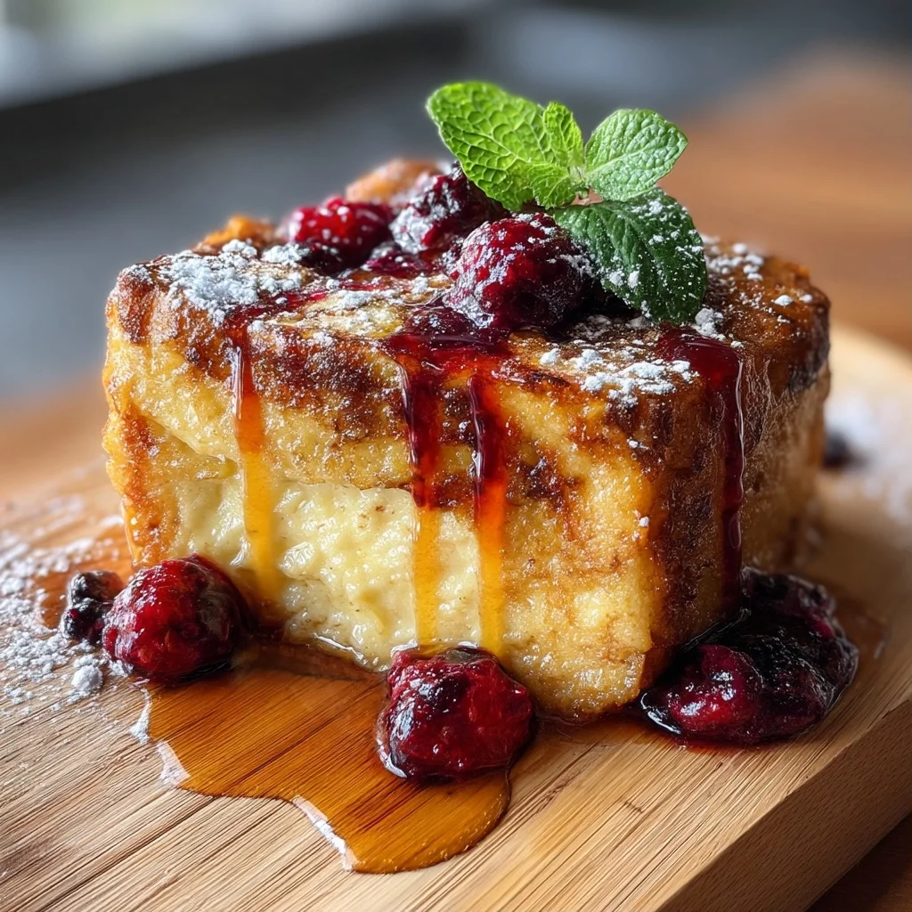 protein French toast casserole with golden edges and creamy glaze, topped with fresh berries and powdered sugar