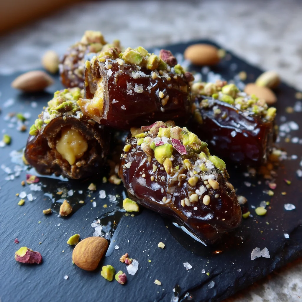 protein stuffed dates with creamy peanut butter filling, topped with crushed pistachios and drizzled with honey