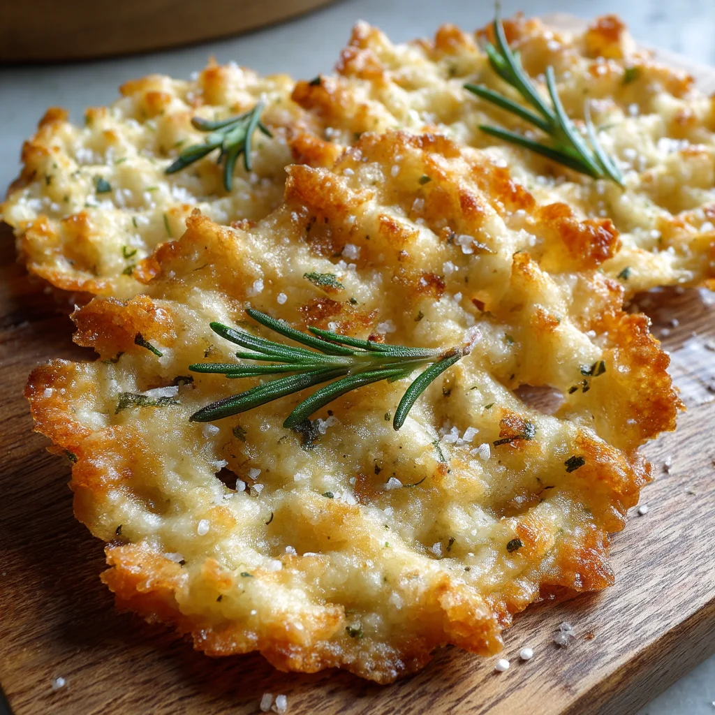 crispy rosemary cottage cheese chips with golden edges on white ceramic plate