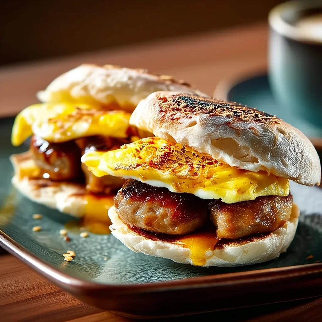 closeup of sausage egg breakfast sandwich with melted cheese, fluffy scrambled eggs, and golden toasted bun