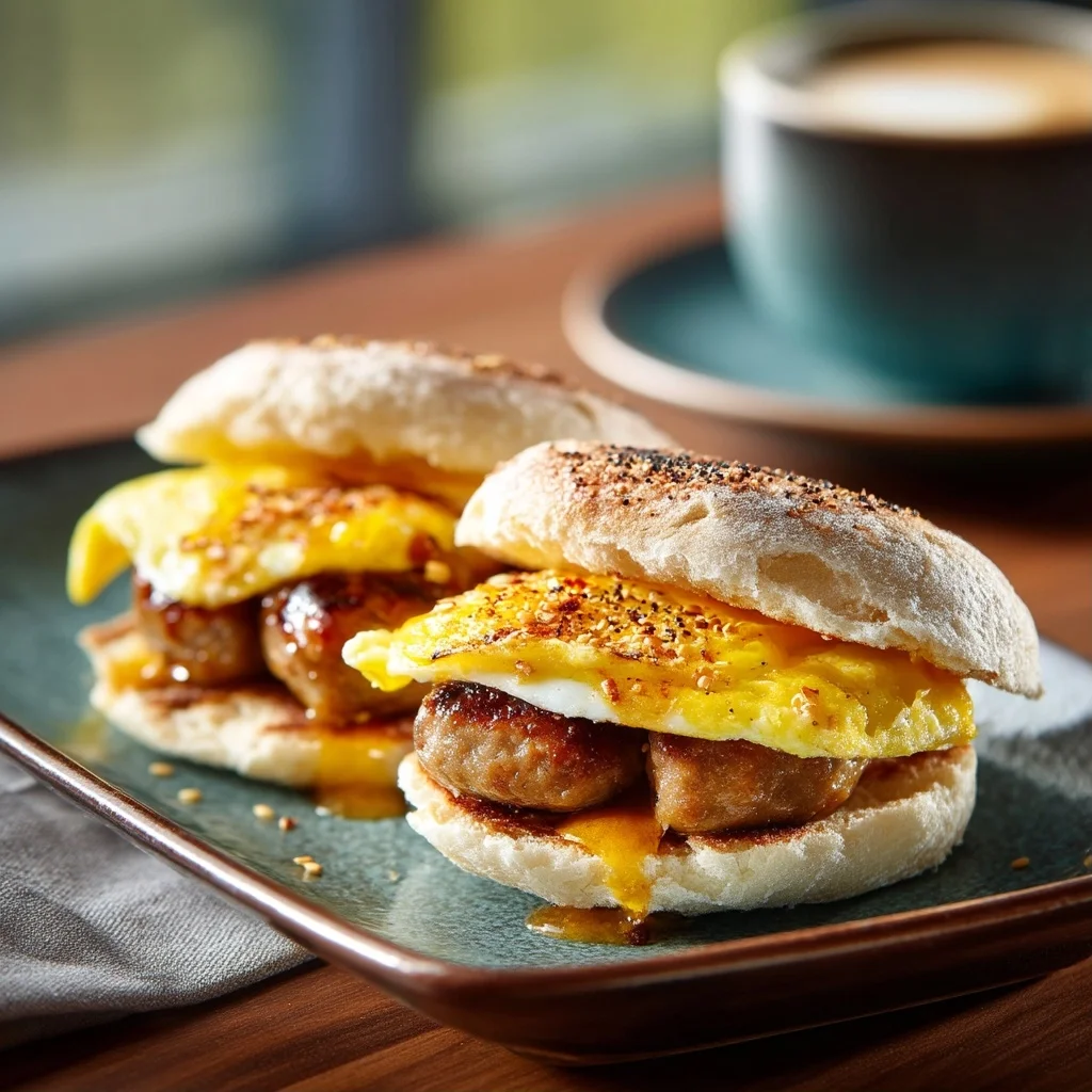 golden toasted english muffin sandwich with fluffy scrambled eggs, crispy sausage patty, and melted cheddar cheese