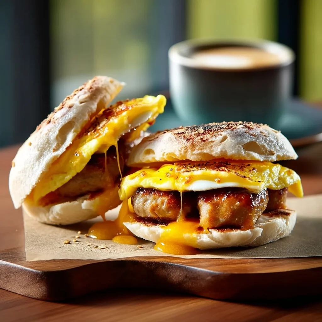 golden sausage egg breakfast sandwiches with melted cheese on toasted English muffins, served on a white plate