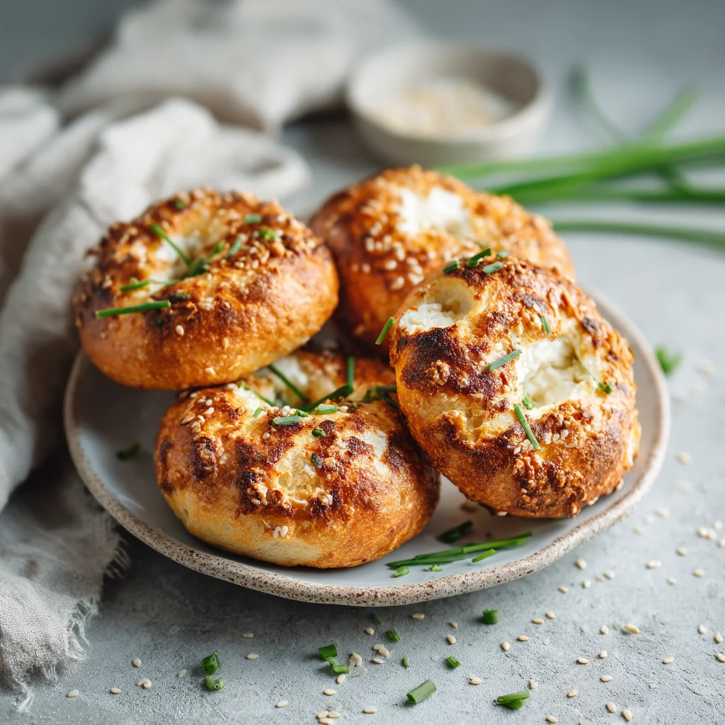 golden sesame cottage cheese bagels with a glossy crust and toasted sesame seeds, fresh from the oven