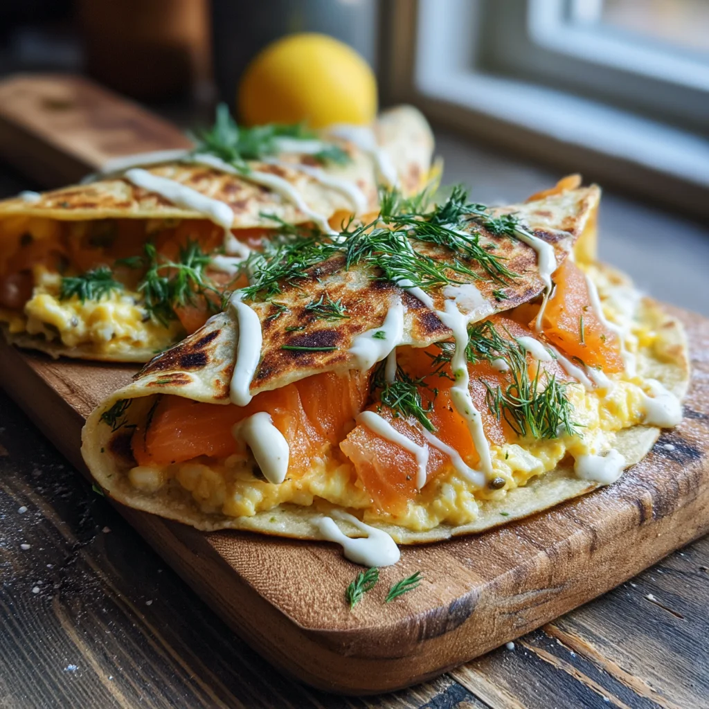 smoked salmon breakfast burrito with creamy scrambled eggs, crispy potatoes, and fresh drizzled sauce on a warm tortilla