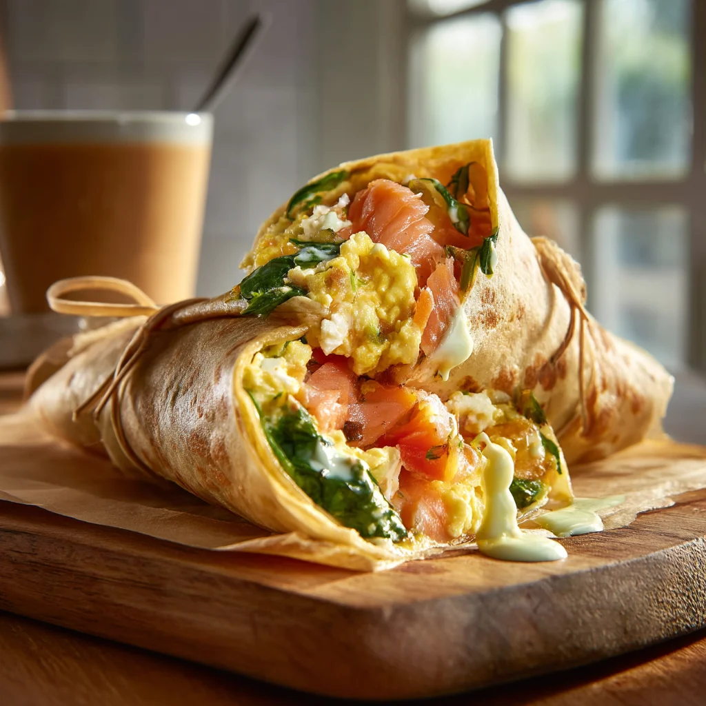 smoked salmon breakfast burrito with creamy scrambled eggs, melted cheese, and roasted potatoes, topped with fresh dill