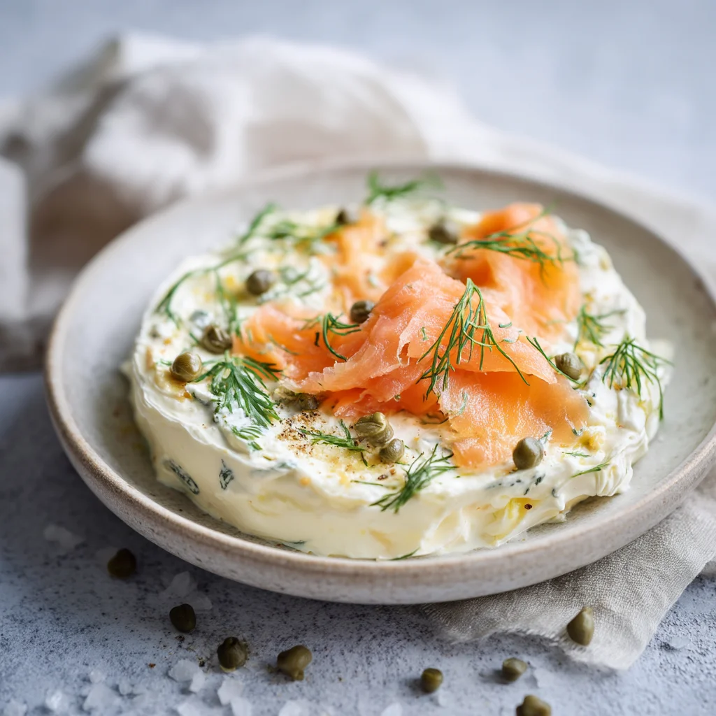 creamy smoked salmon cream cheese dip in a white ceramic dish, topped with fresh dill and lemon slices