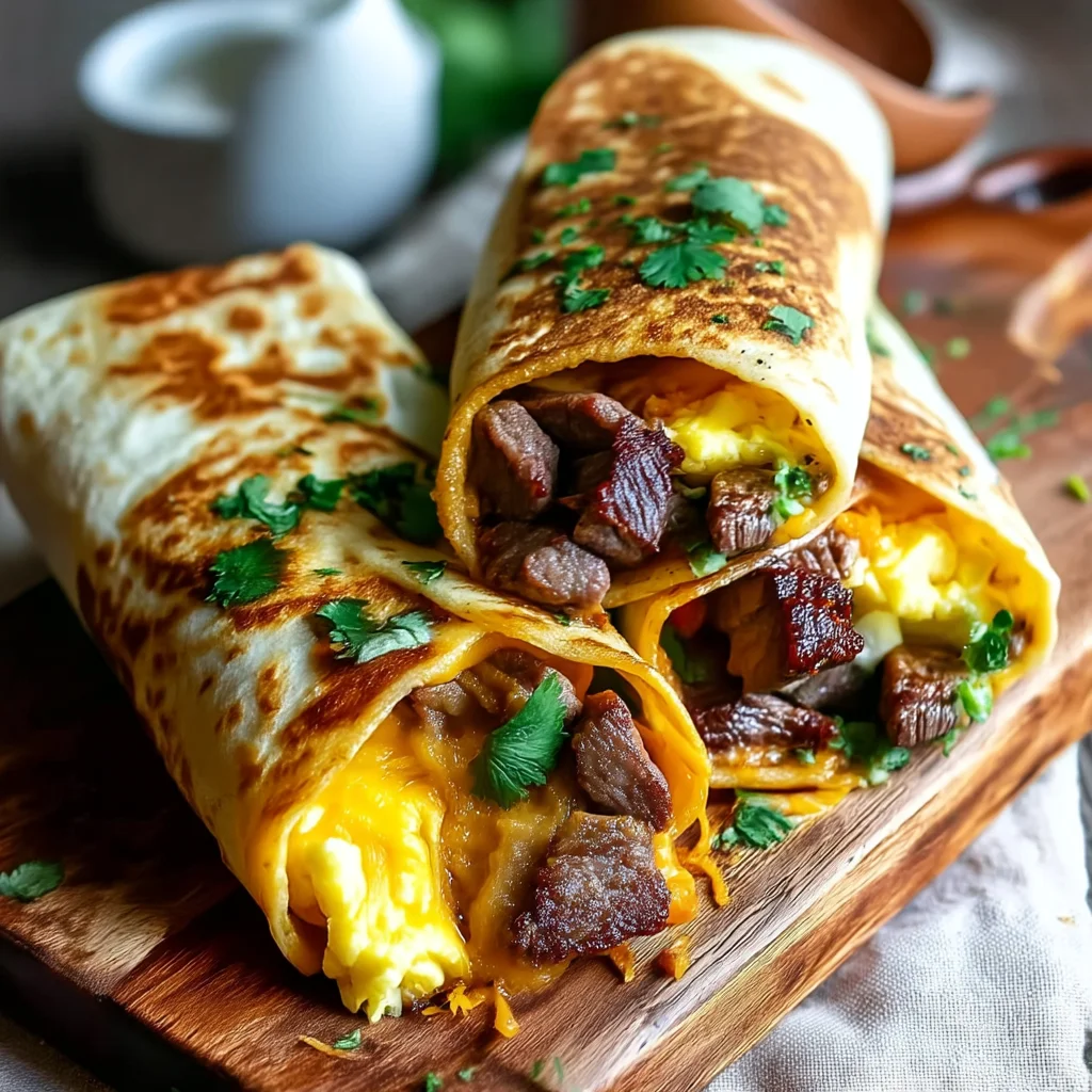 steak egg breakfast burrito with melted cheese and scrambled eggs spilling out of toasted tortilla