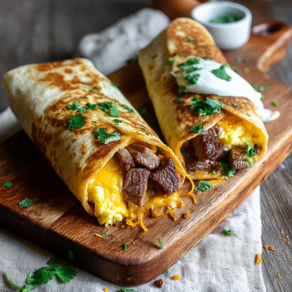 golden steak egg breakfast burritos with melted cheese and crispy potatoes spilling out of a warm tortilla