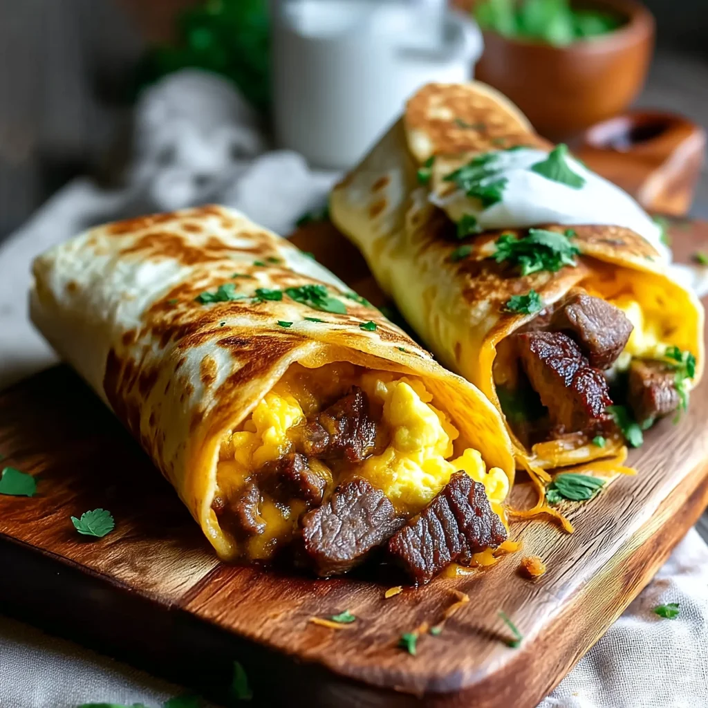golden steak egg breakfast burritos with melted cheese and fresh herbs on a rustic plate