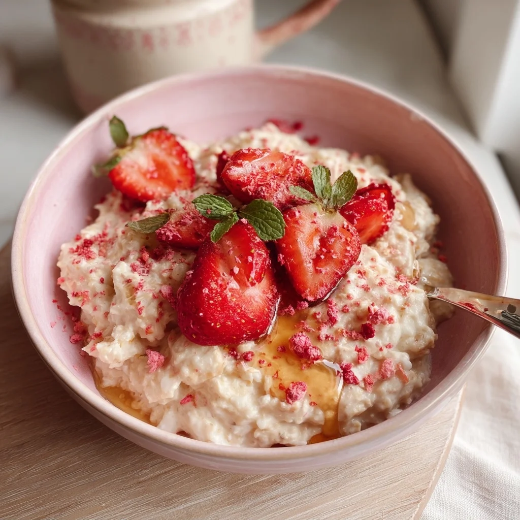 creamy strawberry overnight oats in glass jar with fresh berries and drizzled honey
